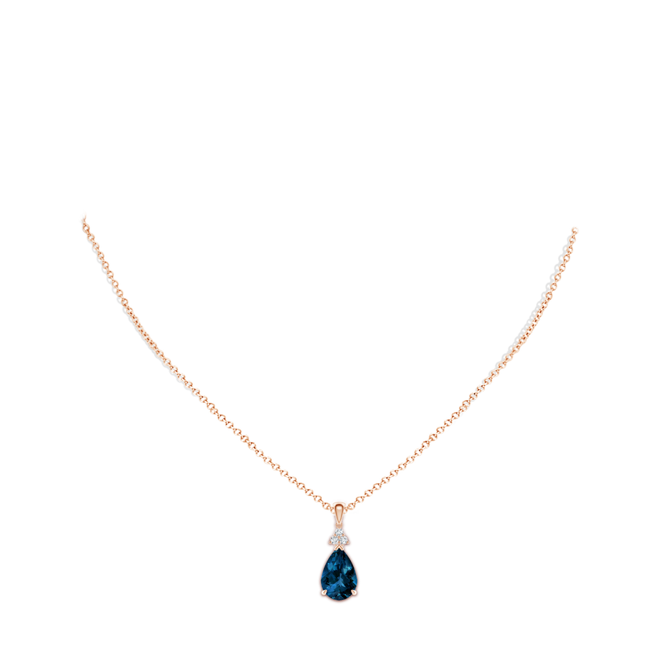 12x8mm AAAA Claw-Set London Blue Topaz Drop Pendant with Trio Diamonds in Rose Gold pen