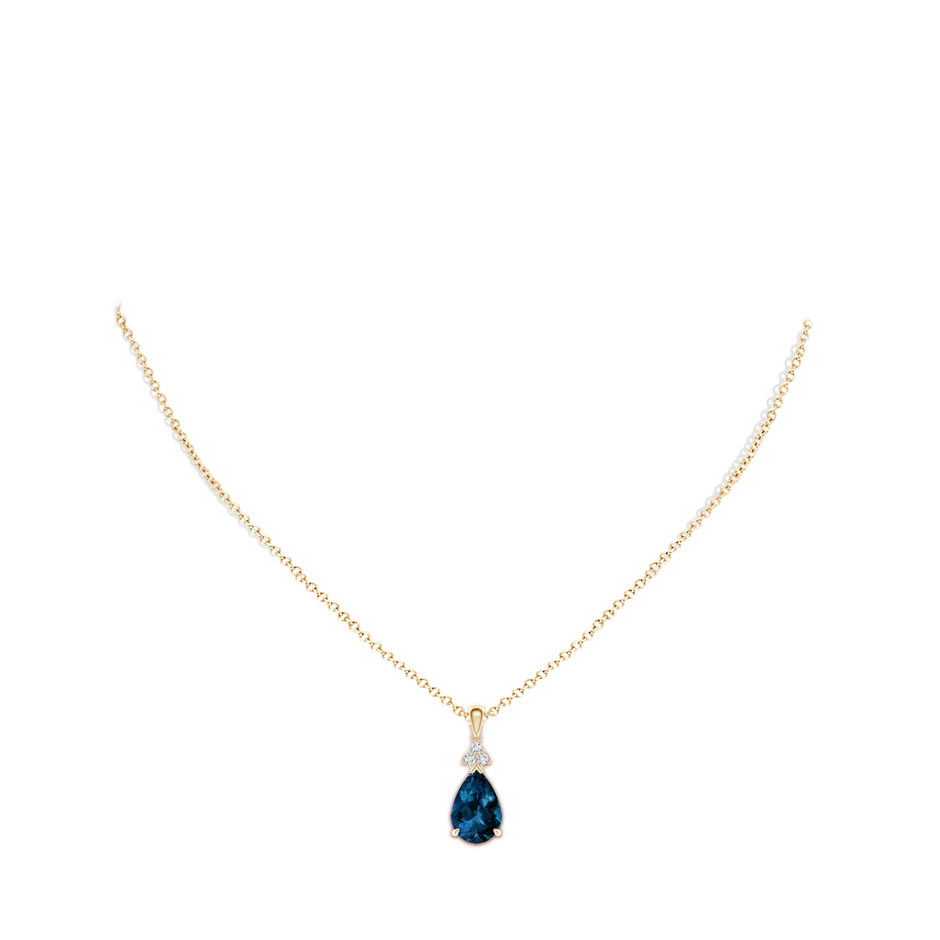 12x8mm AAAA Claw-Set London Blue Topaz Drop Pendant with Trio Diamonds in Yellow Gold pen
