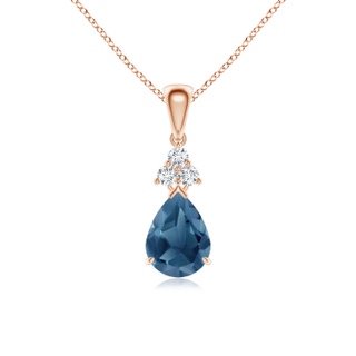 8x6mm A Claw-Set London Blue Topaz Drop Pendant with Trio Diamonds in Rose Gold