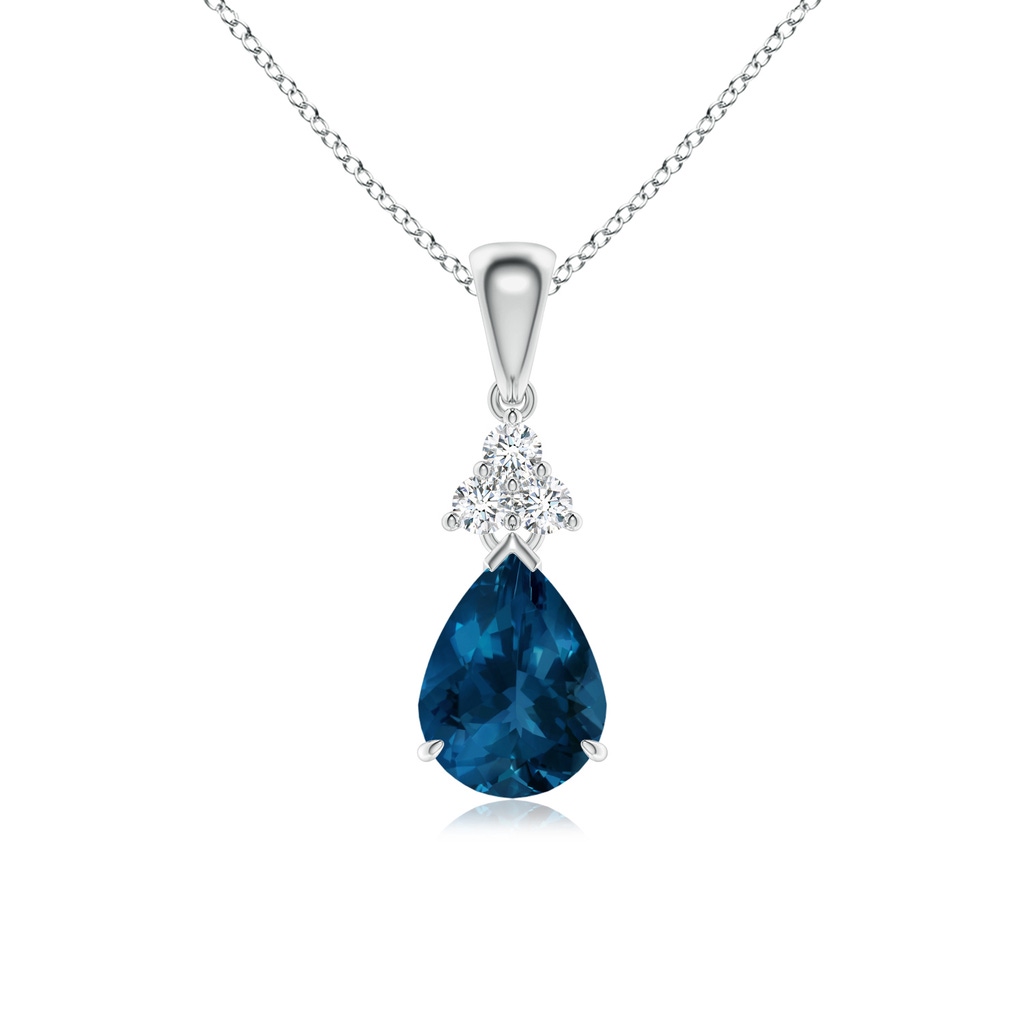 8x6mm AAA Claw-Set London Blue Topaz Drop Pendant with Trio Diamonds in White Gold