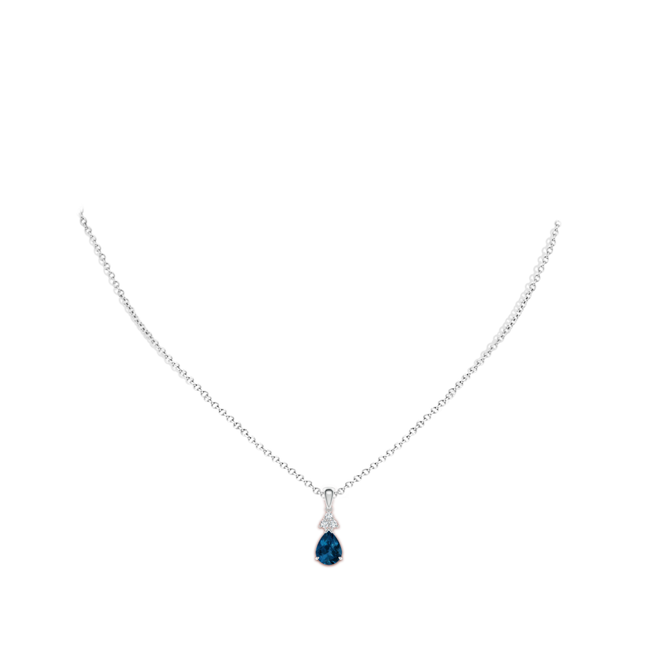 8x6mm AAA Claw-Set London Blue Topaz Drop Pendant with Trio Diamonds in White Gold body-neck