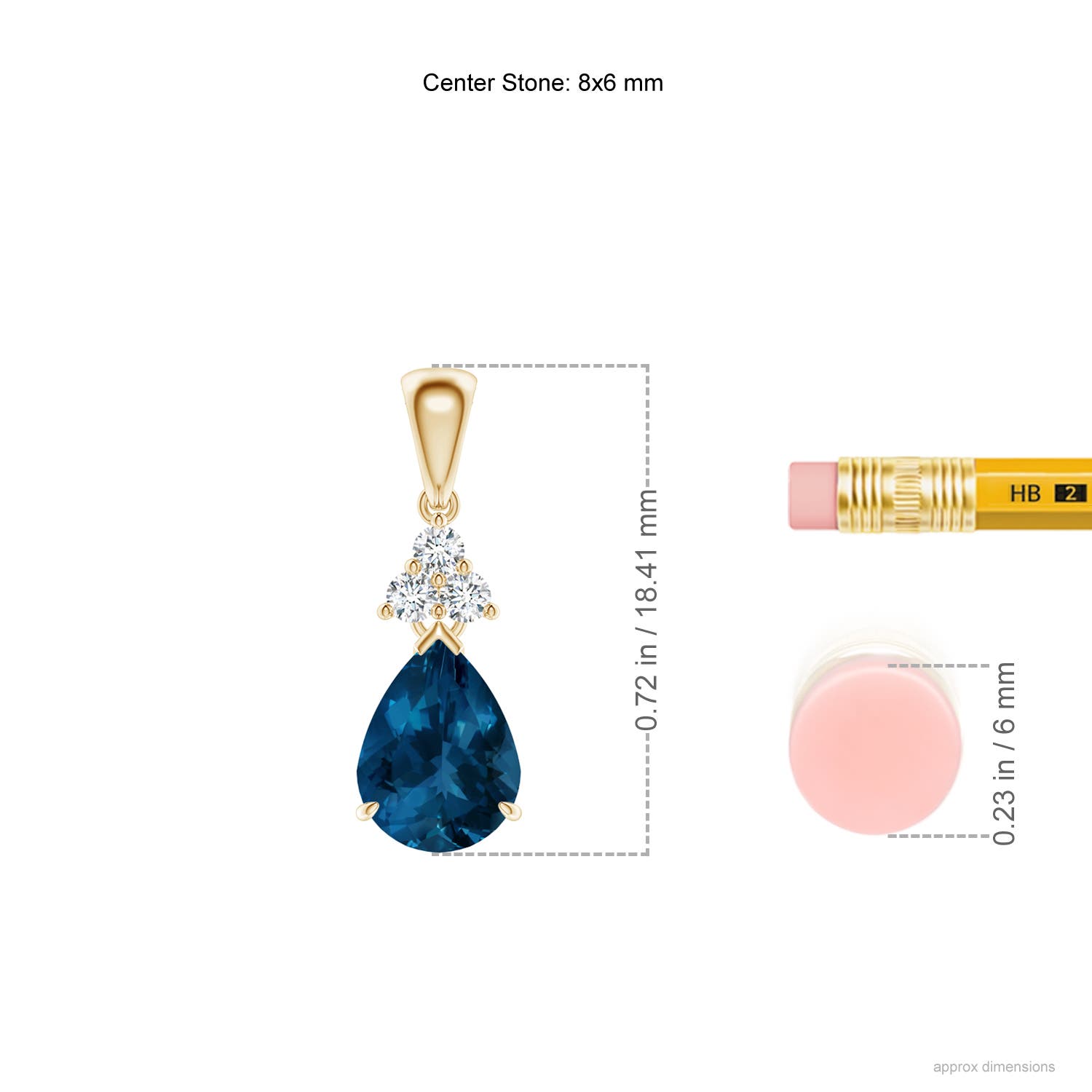 8x6mm AAA Claw-Set London Blue Topaz Drop Pendant with Trio Diamonds in Yellow Gold - ruler