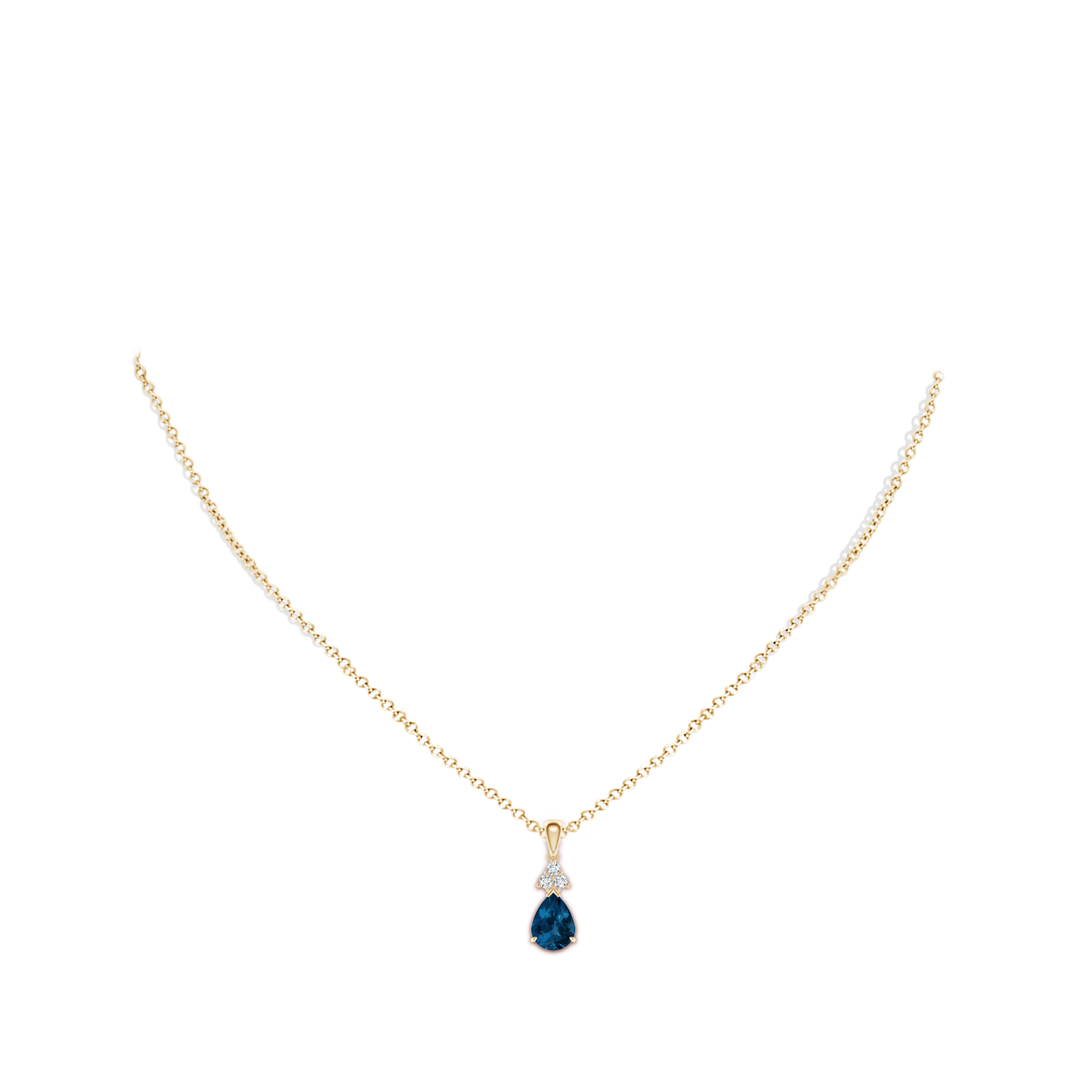 8x6mm AAA Claw-Set London Blue Topaz Drop Pendant with Trio Diamonds in Yellow Gold - body_neck