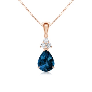 8x6mm AAAA Claw-Set London Blue Topaz Drop Pendant with Trio Diamonds in Rose Gold