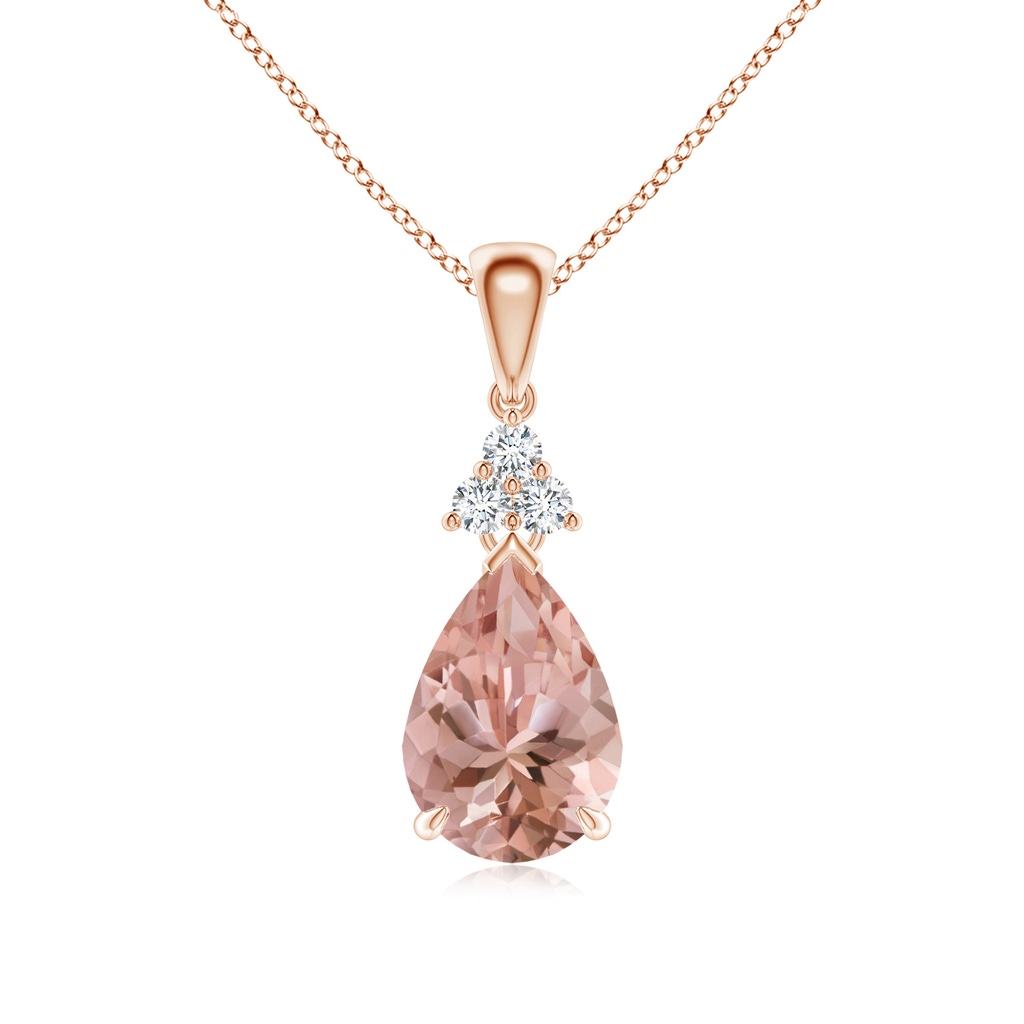 10x7mm AAAA Claw-Set Morganite Drop Pendant with Trio Diamonds in Rose Gold