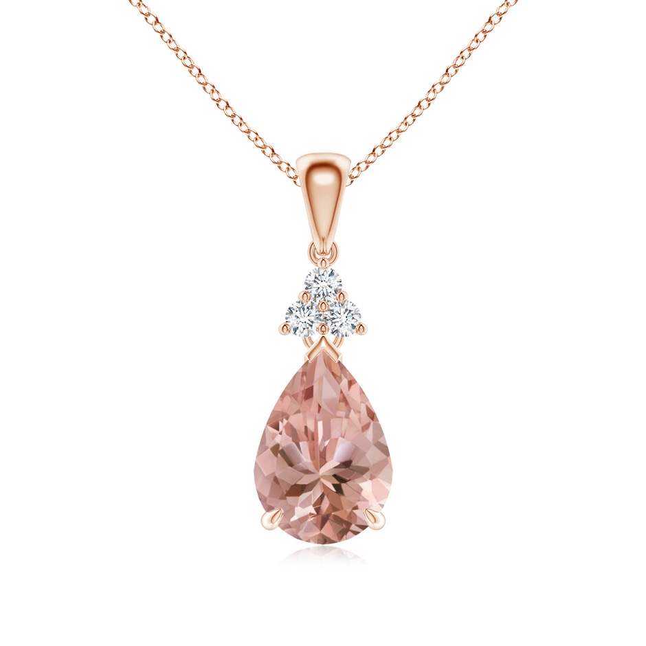 10x7mm AAAA Claw-Set Morganite Drop Pendant with Trio Diamonds in Rose Gold 