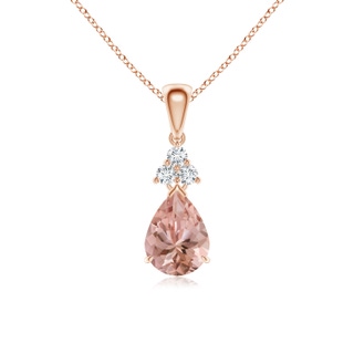 8x6mm AAAA Claw-Set Morganite Drop Pendant with Trio Diamonds in Rose Gold