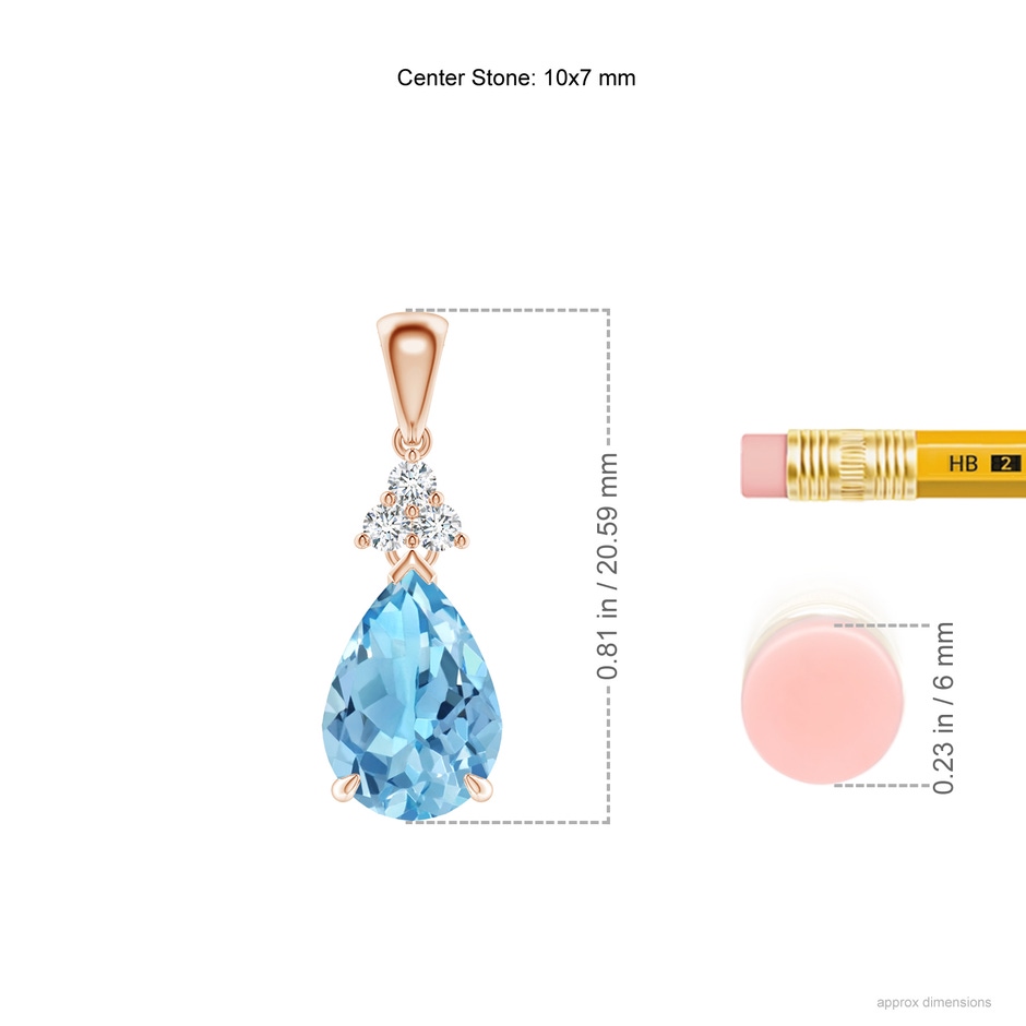 10x7mm A Claw-Set Swiss Blue Topaz Drop Pendant with Trio Diamonds in Rose Gold ruler