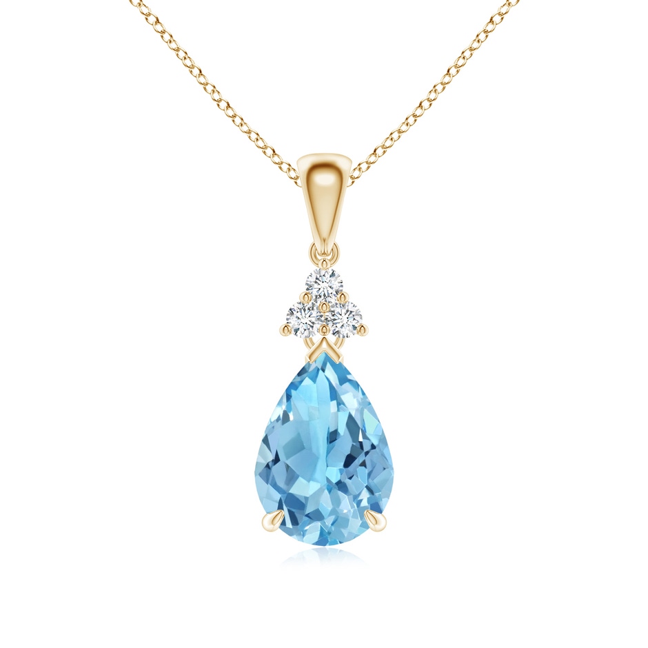 10x7mm A Claw-Set Swiss Blue Topaz Drop Pendant with Trio Diamonds in Yellow Gold 