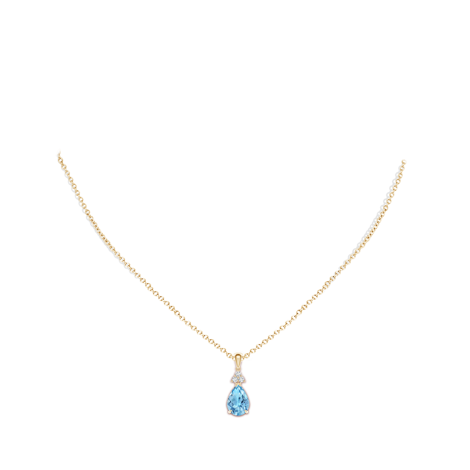 10x7mm A Claw-Set Swiss Blue Topaz Drop Pendant with Trio Diamonds in Yellow Gold body-neck