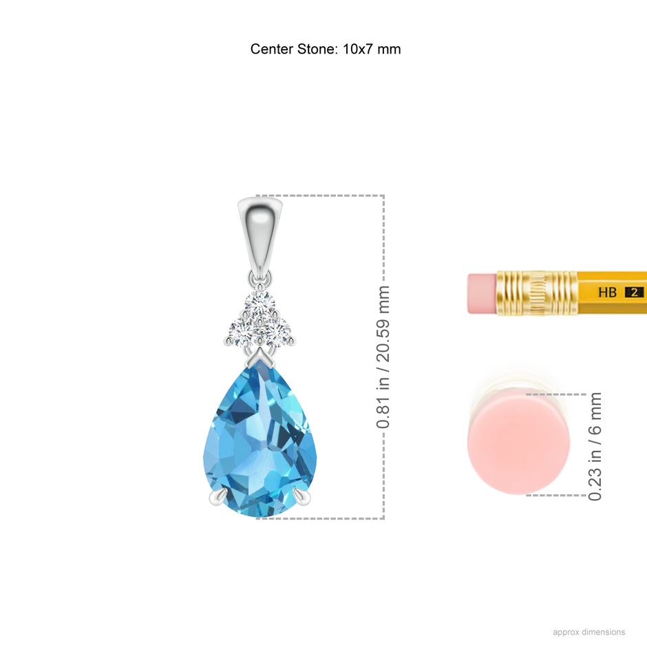 10x7mm AA Claw-Set Swiss Blue Topaz Drop Pendant with Trio Diamonds in P950 Platinum ruler