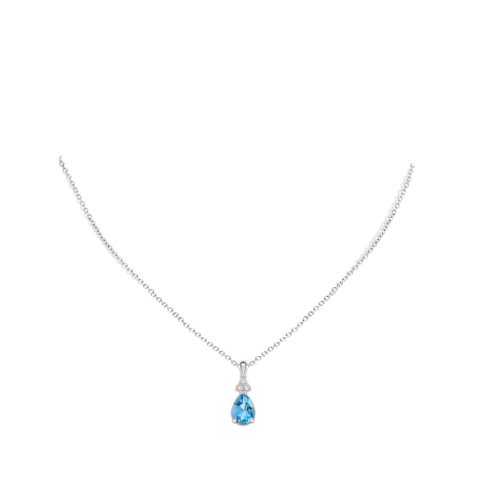 10x7mm AA Claw-Set Swiss Blue Topaz Drop Pendant with Trio Diamonds in P950 Platinum body-neck