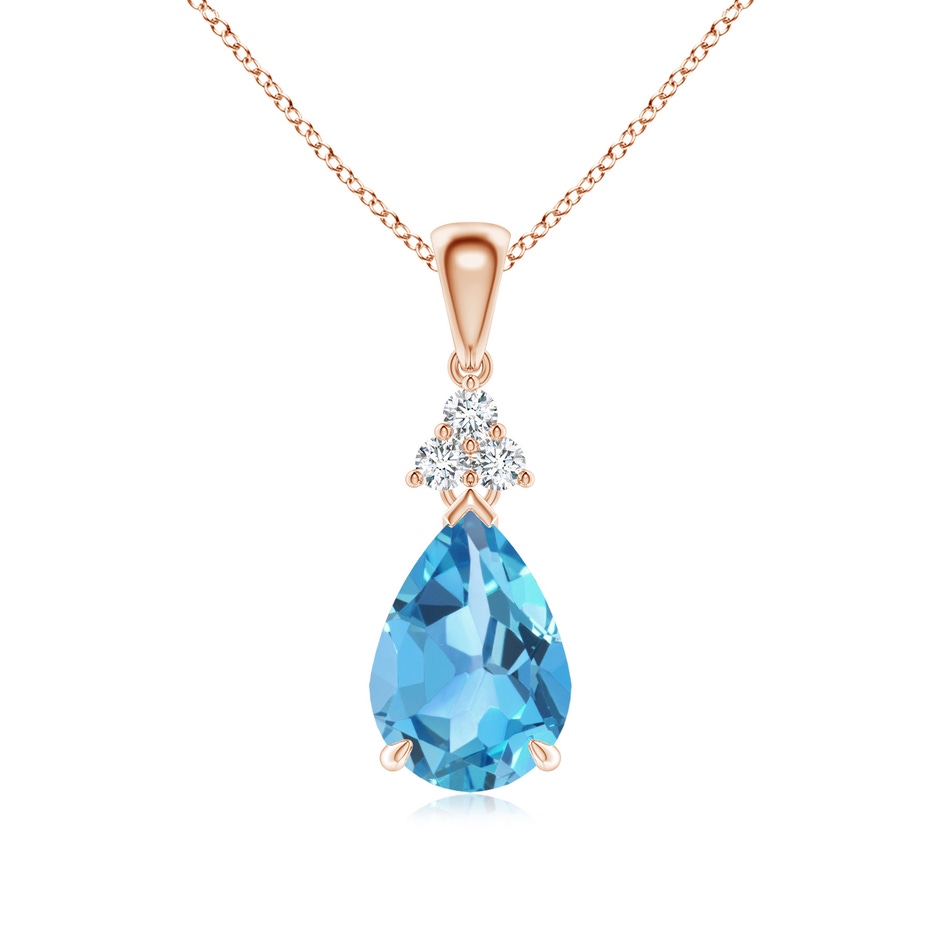 10x7mm AA Claw-Set Swiss Blue Topaz Drop Pendant with Trio Diamonds in Rose Gold 