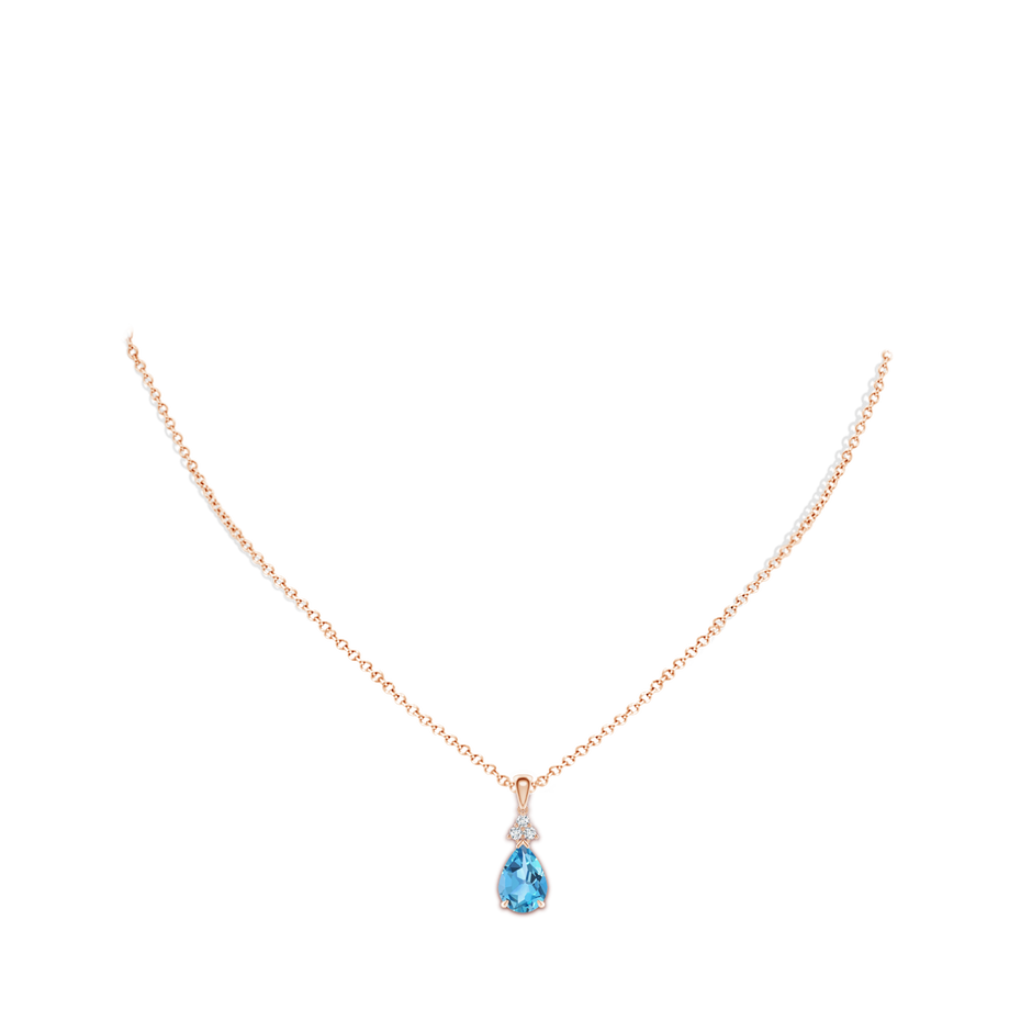 10x7mm AA Claw-Set Swiss Blue Topaz Drop Pendant with Trio Diamonds in Rose Gold body-neck