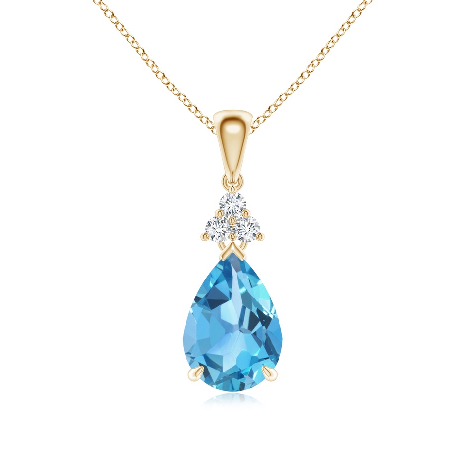 10x7mm AA Claw-Set Swiss Blue Topaz Drop Pendant with Trio Diamonds in Yellow Gold 