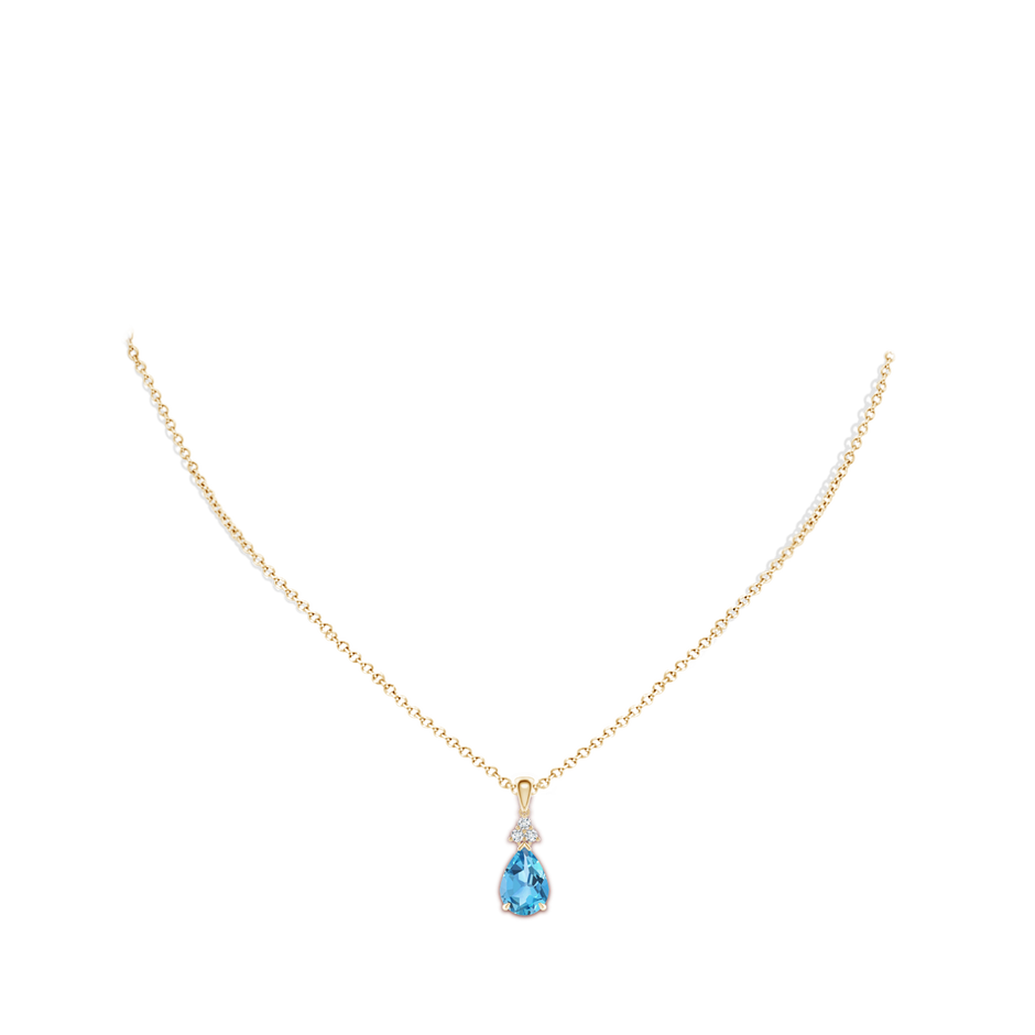 10x7mm AA Claw-Set Swiss Blue Topaz Drop Pendant with Trio Diamonds in Yellow Gold body-neck