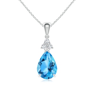 10x7mm AAA Claw-Set Swiss Blue Topaz Drop Pendant with Trio Diamonds in 9K White Gold