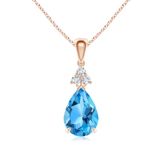 10x7mm AAA Claw-Set Swiss Blue Topaz Drop Pendant with Trio Diamonds in Rose Gold