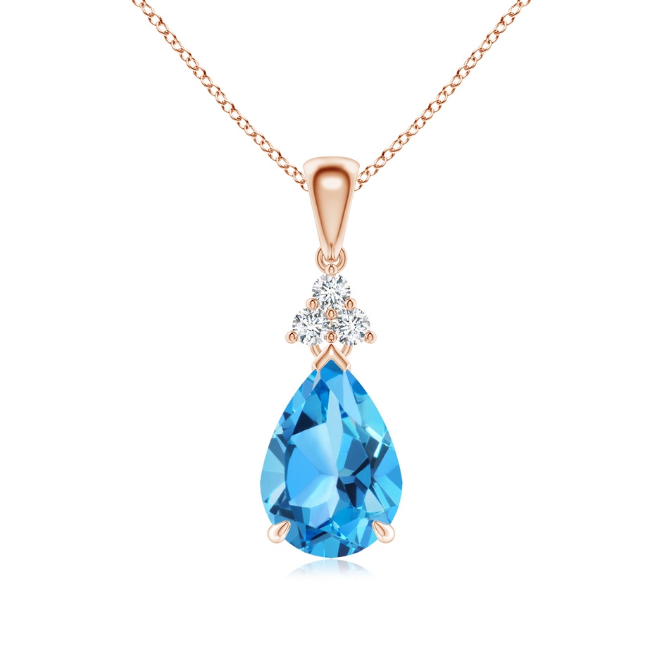 10x7mm AAA Claw-Set Swiss Blue Topaz Drop Pendant with Trio Diamonds in Rose Gold 