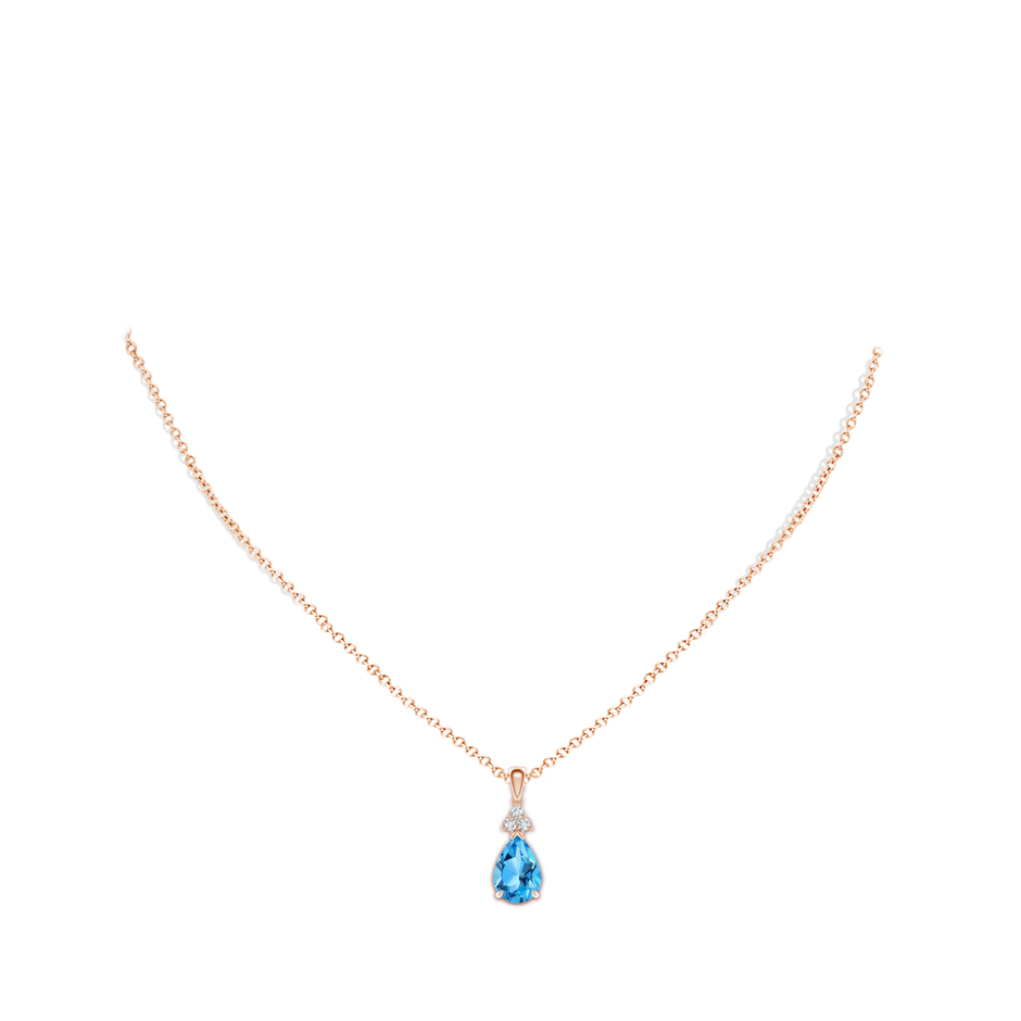 10x7mm AAA Claw-Set Swiss Blue Topaz Drop Pendant with Trio Diamonds in Rose Gold body-neck