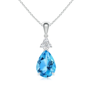 10x7mm AAA Claw-Set Swiss Blue Topaz Drop Pendant with Trio Diamonds in White Gold