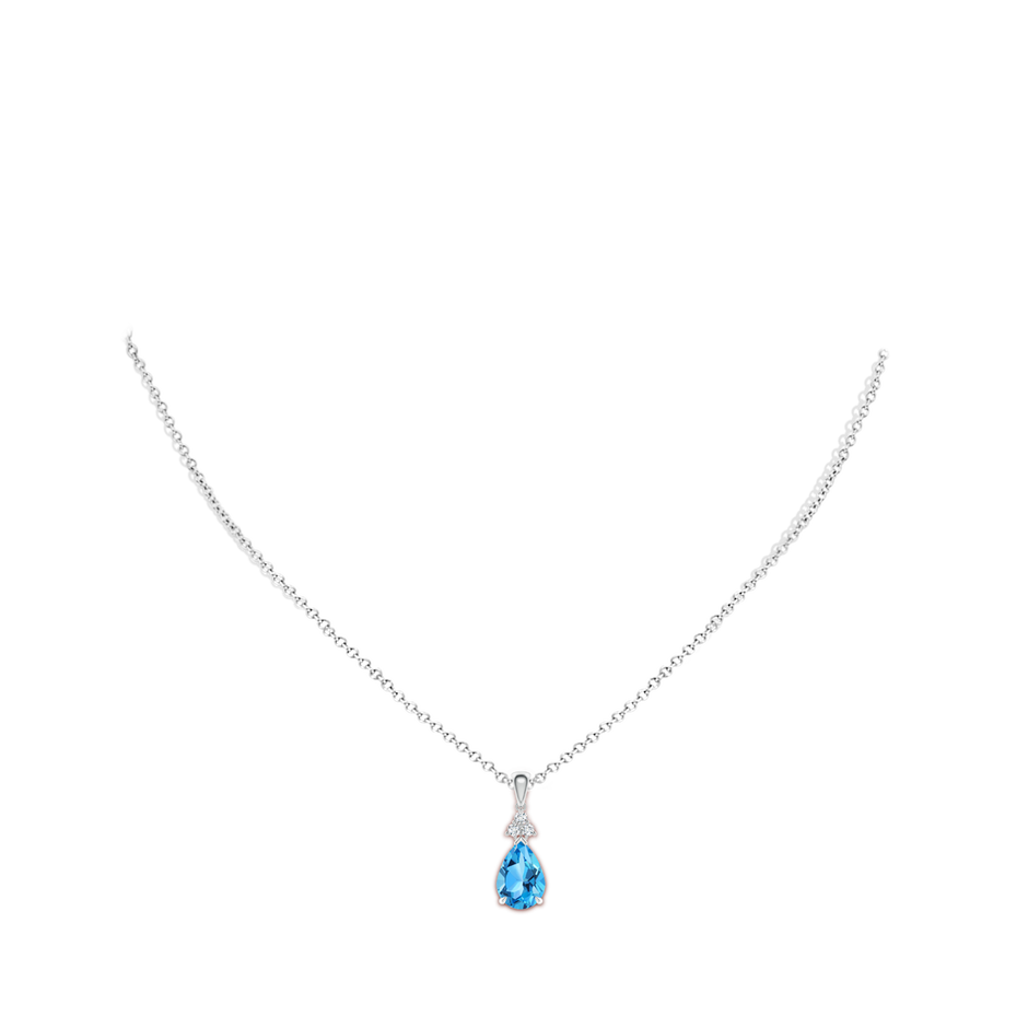 10x7mm AAA Claw-Set Swiss Blue Topaz Drop Pendant with Trio Diamonds in White Gold body-neck