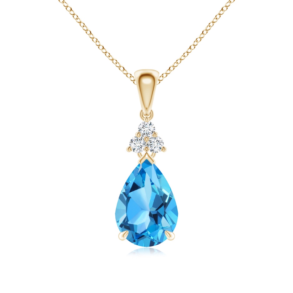 10x7mm AAA Claw-Set Swiss Blue Topaz Drop Pendant with Trio Diamonds in Yellow Gold 