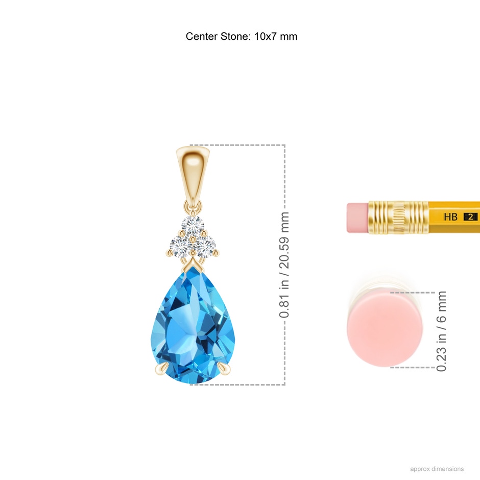 10x7mm AAA Claw-Set Swiss Blue Topaz Drop Pendant with Trio Diamonds in Yellow Gold ruler