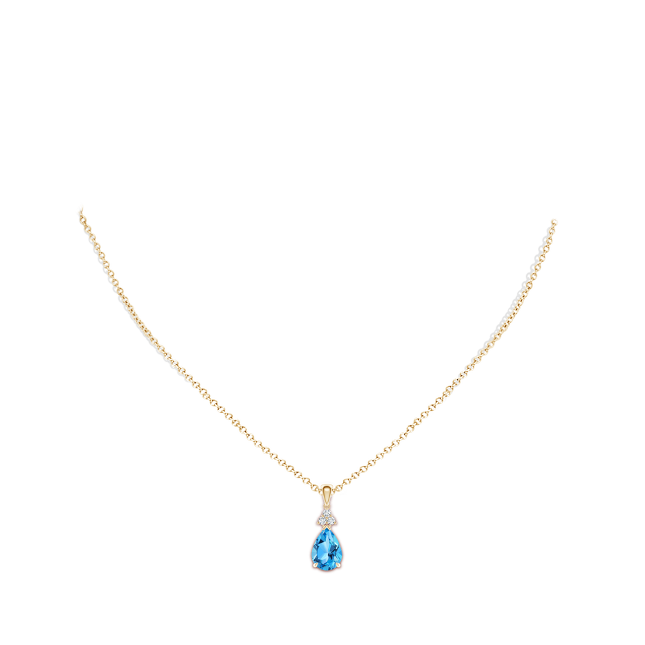 10x7mm AAA Claw-Set Swiss Blue Topaz Drop Pendant with Trio Diamonds in Yellow Gold body-neck