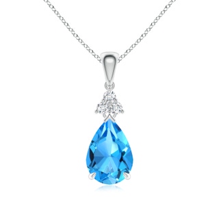 10x7mm AAAA Claw-Set Swiss Blue Topaz Drop Pendant with Trio Diamonds in 9K White Gold