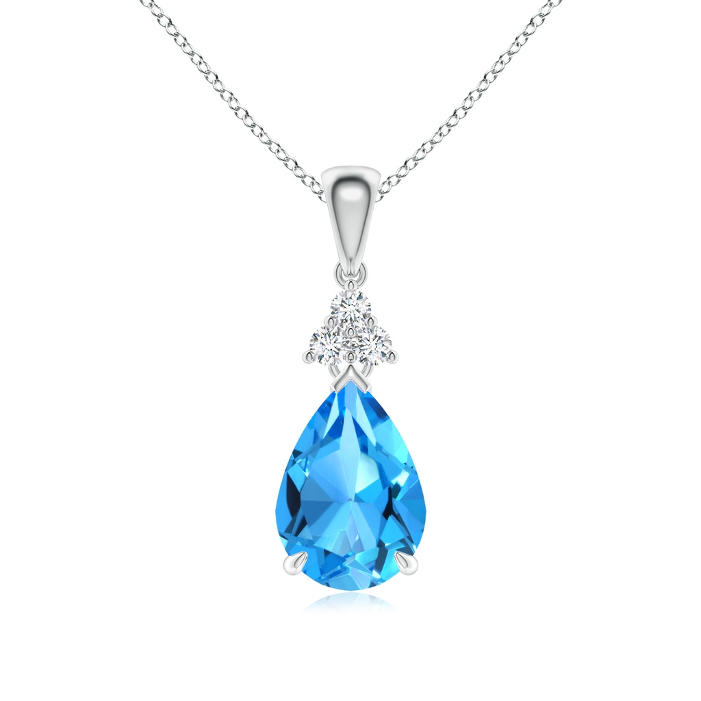 10x7mm AAAA Claw-Set Swiss Blue Topaz Drop Pendant with Trio Diamonds in P950 Platinum