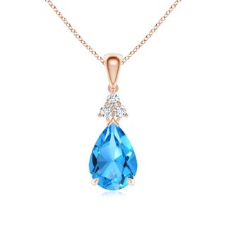 10x7mm AAAA Claw-Set Swiss Blue Topaz Drop Pendant with Trio Diamonds in Rose Gold