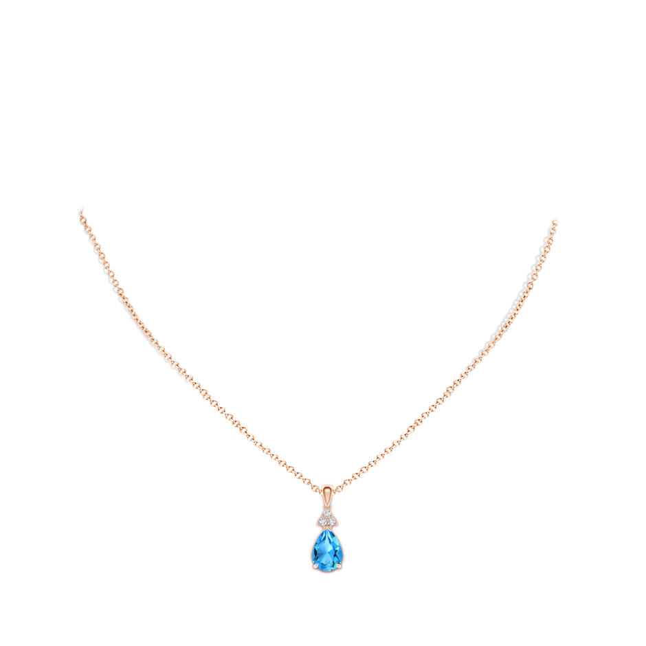 10x7mm AAAA Claw-Set Swiss Blue Topaz Drop Pendant with Trio Diamonds in Rose Gold body-neck