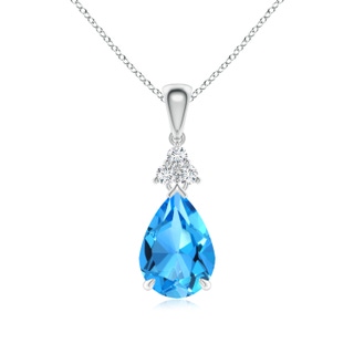 10x7mm AAAA Claw-Set Swiss Blue Topaz Drop Pendant with Trio Diamonds in White Gold