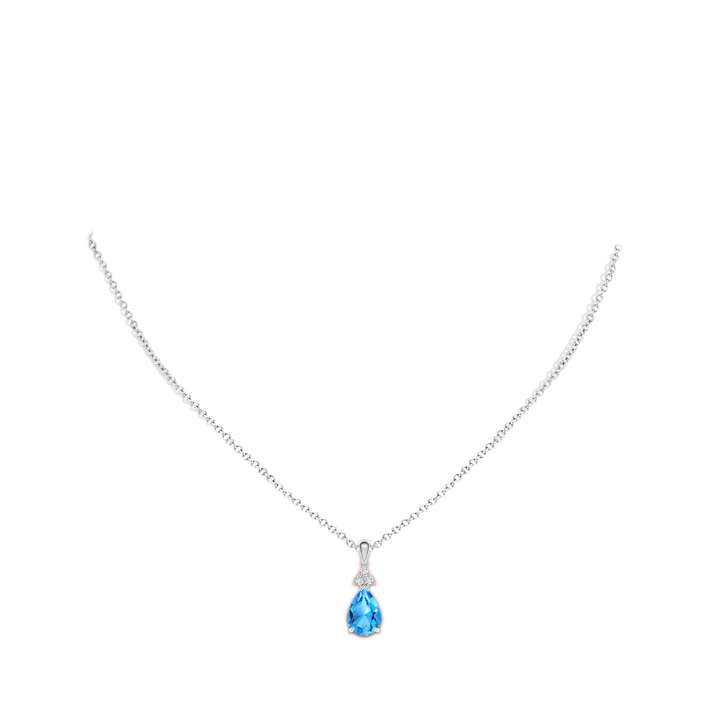 10x7mm AAAA Claw-Set Swiss Blue Topaz Drop Pendant with Trio Diamonds in White Gold Body-Neck