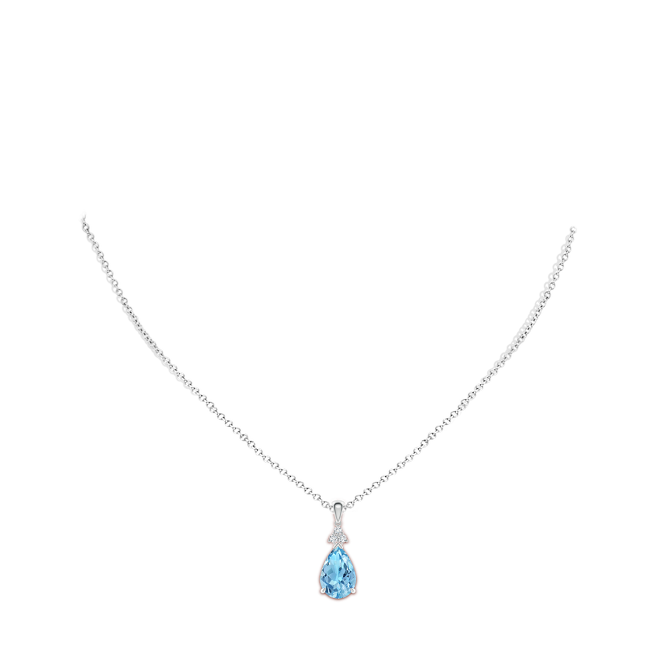 12x8mm A Claw-Set Swiss Blue Topaz Drop Pendant with Trio Diamonds in P950 Platinum body-neck