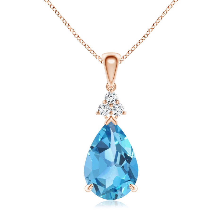 12x8mm AA Claw-Set Swiss Blue Topaz Drop Pendant with Trio Diamonds in Rose Gold 