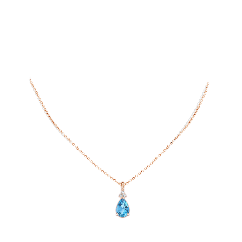 12x8mm AA Claw-Set Swiss Blue Topaz Drop Pendant with Trio Diamonds in Rose Gold body-neck