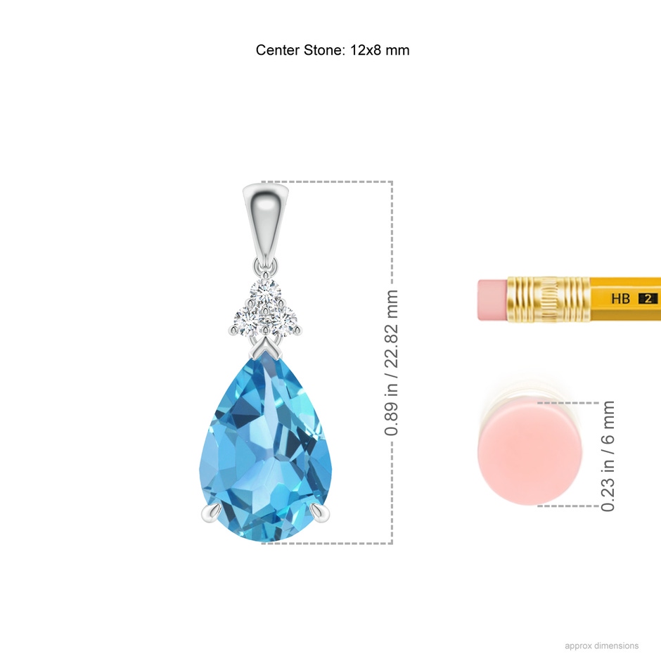12x8mm AA Claw-Set Swiss Blue Topaz Drop Pendant with Trio Diamonds in White Gold ruler