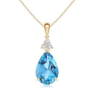 12x8mm AA Claw-Set Swiss Blue Topaz Drop Pendant with Trio Diamonds in Yellow Gold