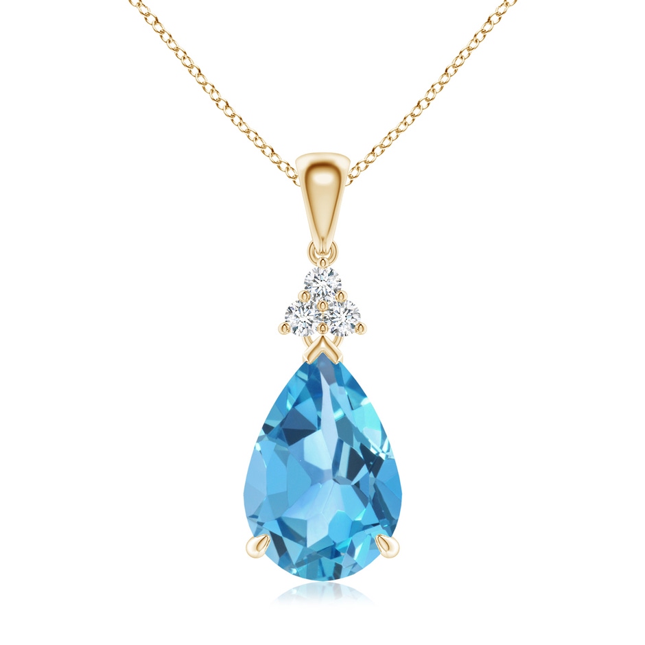 12x8mm AA Claw-Set Swiss Blue Topaz Drop Pendant with Trio Diamonds in Yellow Gold 