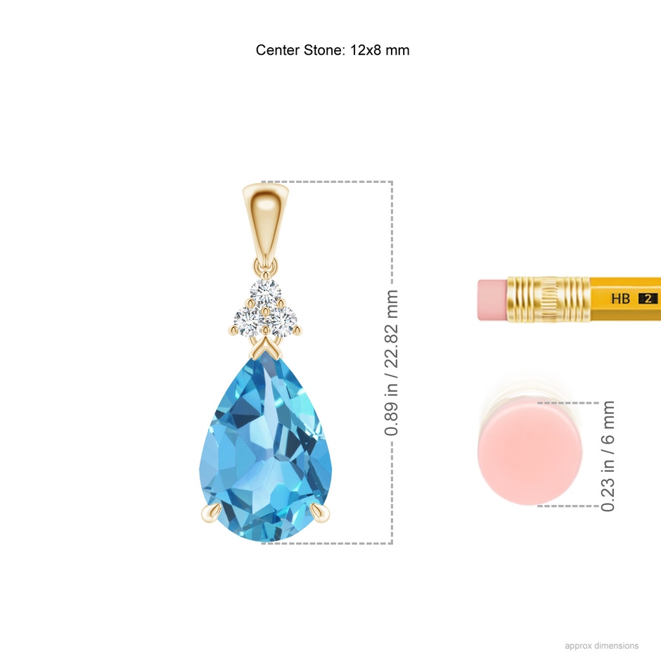 12x8mm AA Claw-Set Swiss Blue Topaz Drop Pendant with Trio Diamonds in Yellow Gold ruler