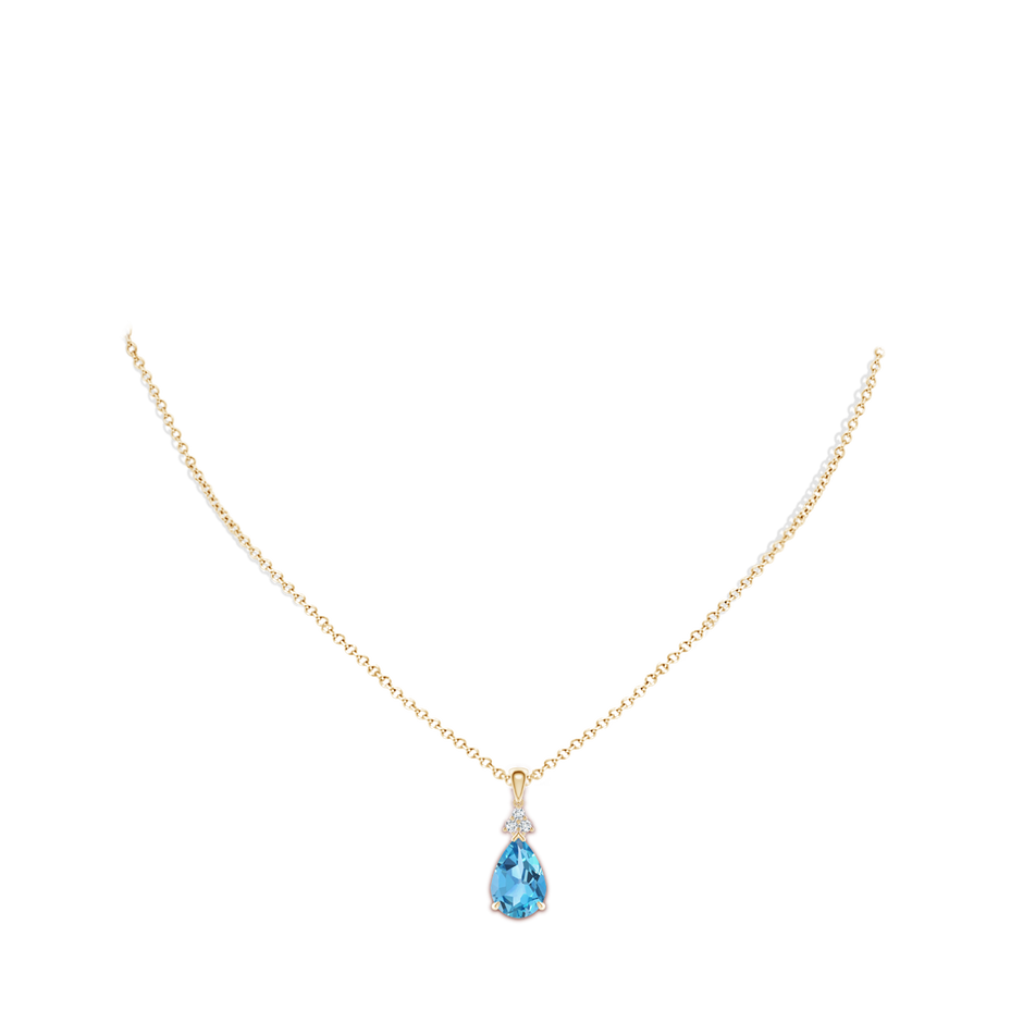 12x8mm AA Claw-Set Swiss Blue Topaz Drop Pendant with Trio Diamonds in Yellow Gold body-neck