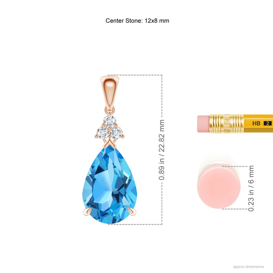 12x8mm AAA Claw-Set Swiss Blue Topaz Drop Pendant with Trio Diamonds in Rose Gold ruler