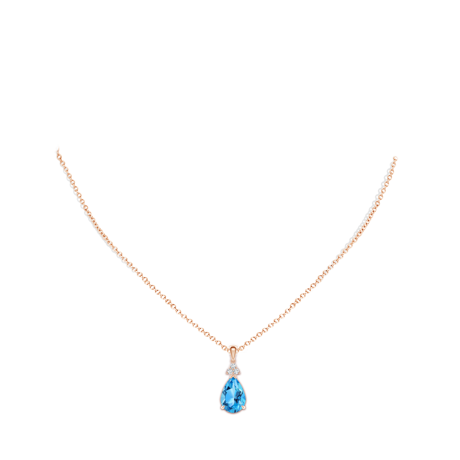 12x8mm AAA Claw-Set Swiss Blue Topaz Drop Pendant with Trio Diamonds in Rose Gold body-neck