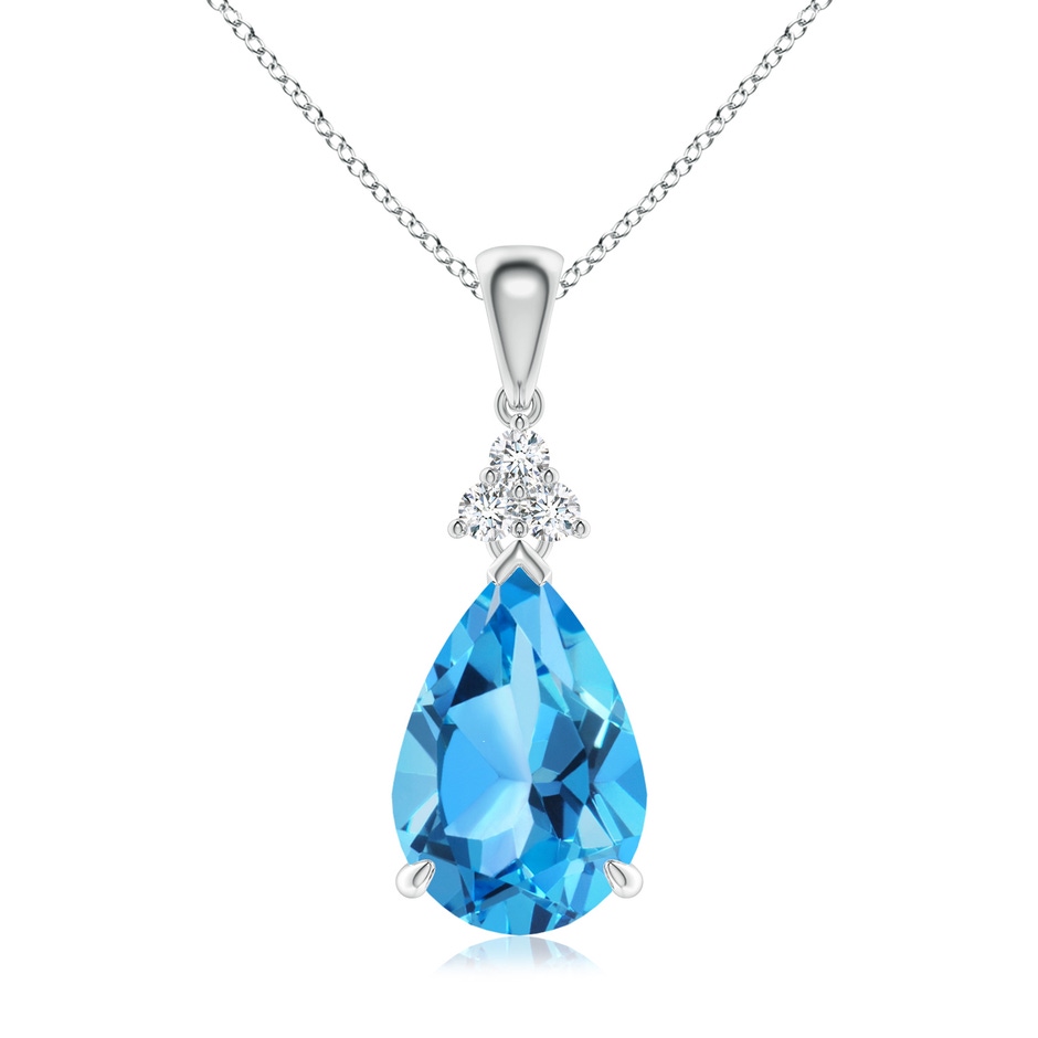 12x8mm AAA Claw-Set Swiss Blue Topaz Drop Pendant with Trio Diamonds in White Gold 