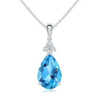 12x8mm AAA Claw-Set Swiss Blue Topaz Drop Pendant with Trio Diamonds in White Gold
