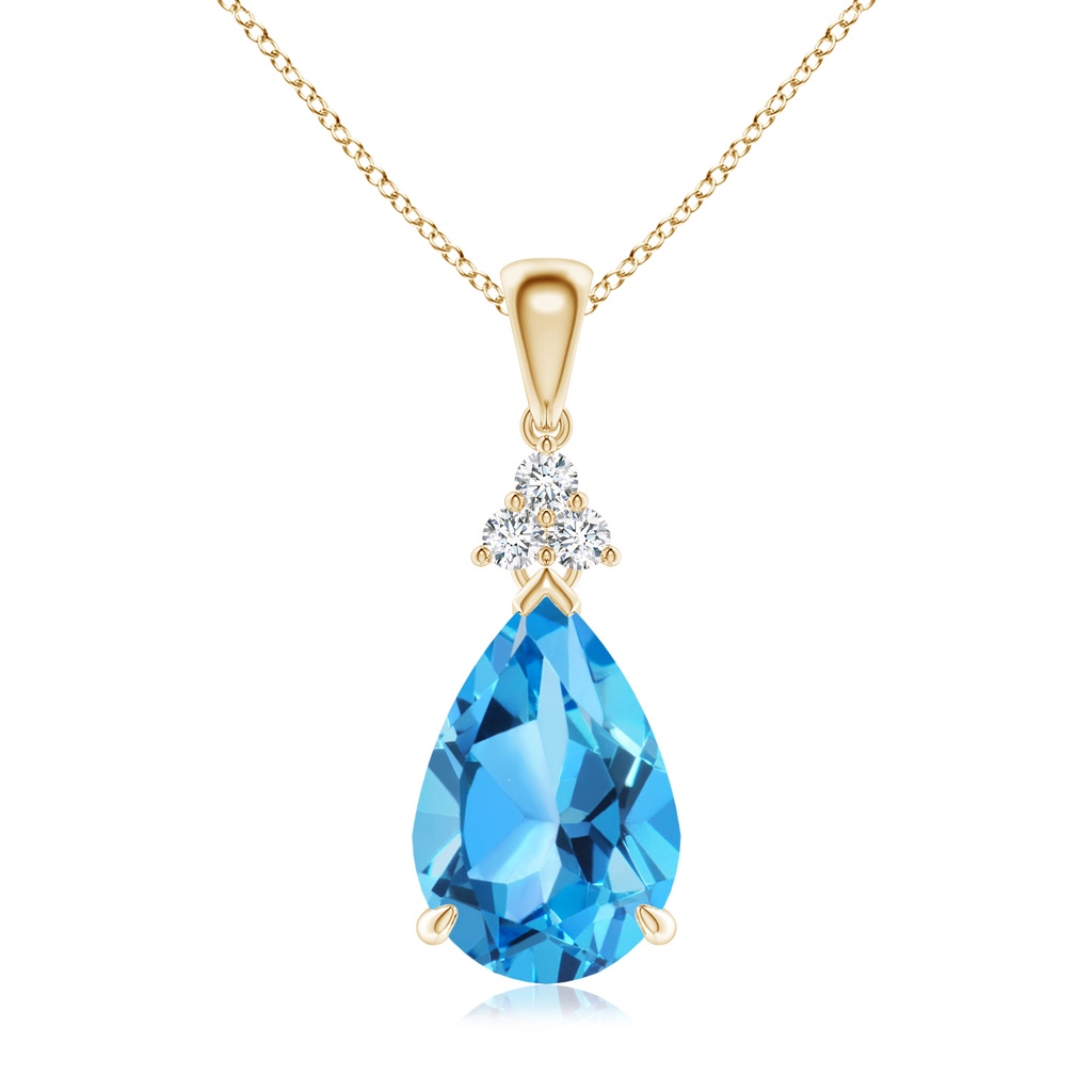 12x8mm AAA Claw-Set Swiss Blue Topaz Drop Pendant with Trio Diamonds in Yellow Gold