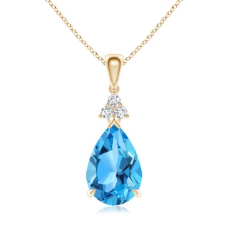 12x8mm AAA Claw-Set Swiss Blue Topaz Drop Pendant with Trio Diamonds in Yellow Gold