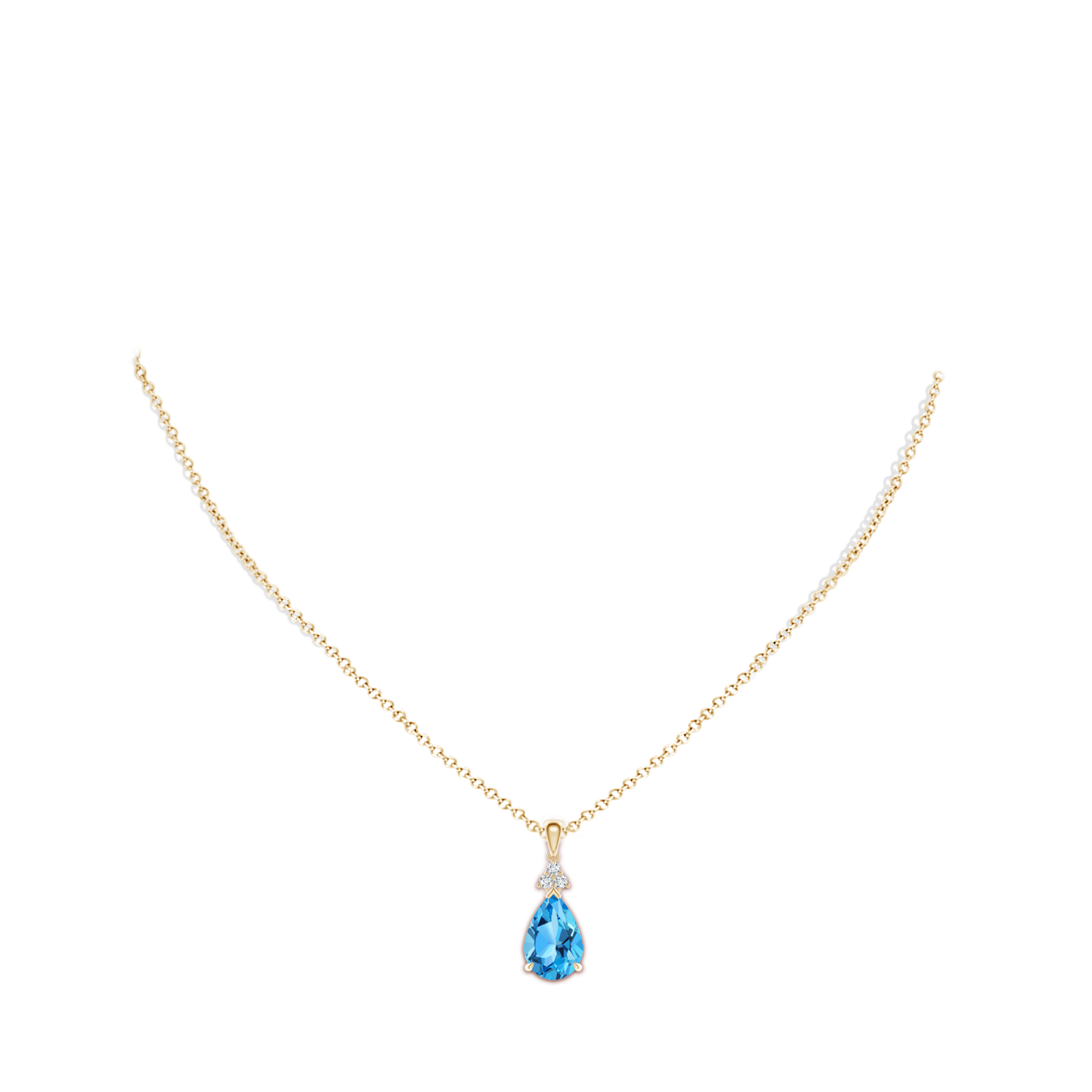 12x8mm AAA Claw-Set Swiss Blue Topaz Drop Pendant with Trio Diamonds in Yellow Gold - body_neck